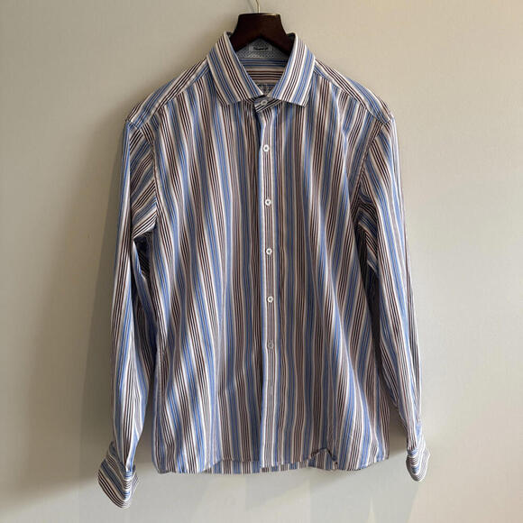 Bugatchi Shaped Fit Men’s Dress Shirt Striped With Accent Fabric InsideCuffs M - Picture 7 of 9